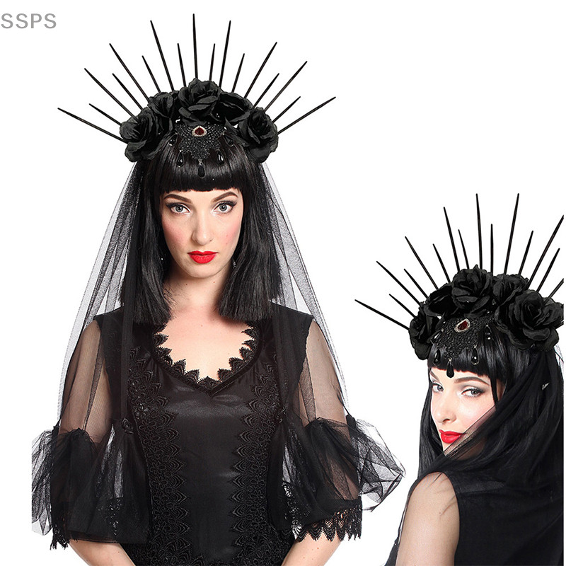 [Moda Rainha Aranha Coroa Gótica Véu Gótico Rosa Negra Cosplay Festa De Halloween Cosutmes Adereços Para A Cabeça Halloween FAH
