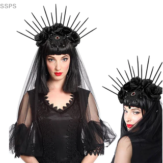 [Moda Rainha Aranha Coroa Gótica Véu Gótico Rosa Negra Cosplay Festa De Halloween Cosutmes Adereços Para A Cabeça Halloween FAH