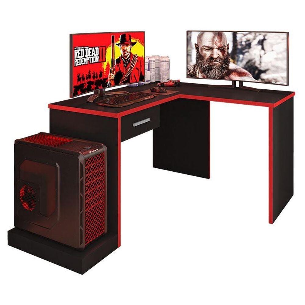 Mesa Para Computador Gamer Drx 9000 Com Extensora Preto Trama Vermelho - Móveis Leão