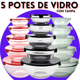 Conjunto Tigela Vidro Bowl Marmita Tampa 5 Peças Herméticos