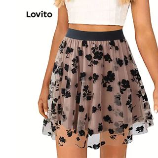 Lovito Saias elegantes de malha com flores florais contrastantes para mulheres LNL73350