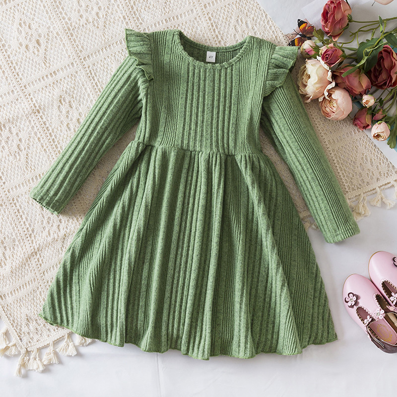 Girl Christmas Dress Kids Sweater Dresses Ruffle Button Ribbed Knit Long Sleeve A-Line Swing Fall Winter for 3-8T