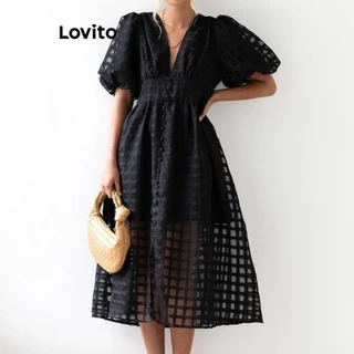 Lovito Vestido casual xadrez com botões de camada dupla para mulheres LNL79142