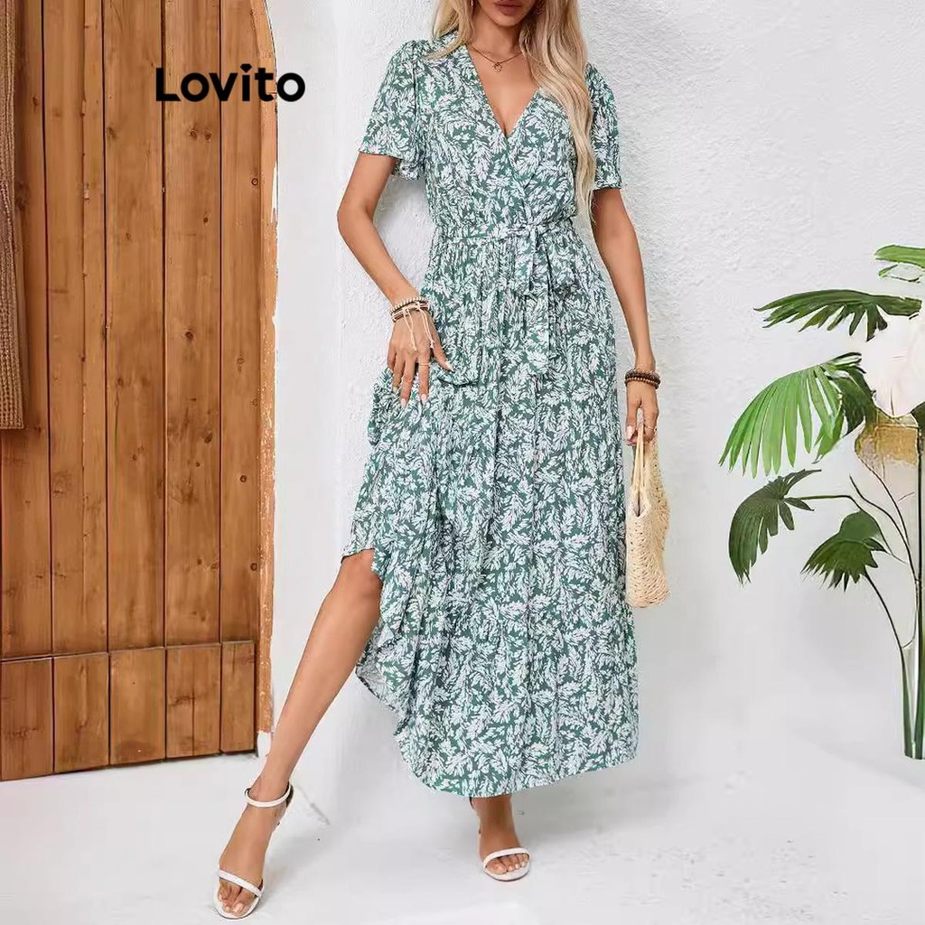 Lovito Vestido boho floral com gravata frontal para mulheres LNL72022