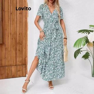 Lovito Vestido boho floral com gravata frontal para mulheres LNL72022