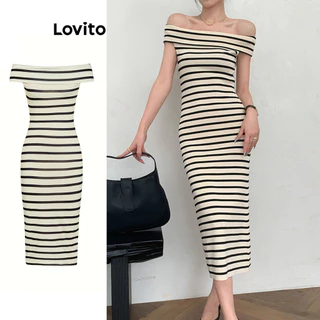 Lovito Vestido elegante listrado com ombros descobertos para mulheres L100MD313