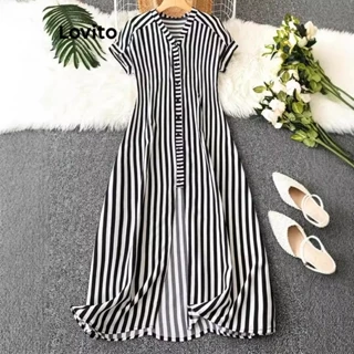 Lovito Vestido casual listrado com botões divididos para mulheres LNL77349