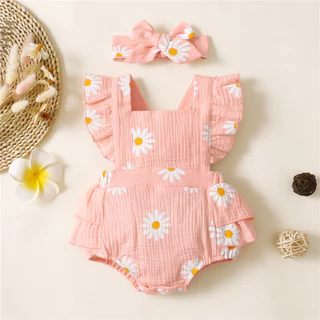 Bayi Baby Girls 0-18 Meses Daisy Print Ruffle Frill Bodysuit Sem Costas De Algodão