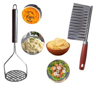 Kit Amassador de Batata Purê Cortador Ondulado Chips Legumes Inox