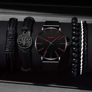 Relógio De Quartzo De 5pcs De Luxo Preto De Aço Inoxidável Com Pulseira Para Homens Moda Casual Redondo Em Relógios Esportivos Diários
