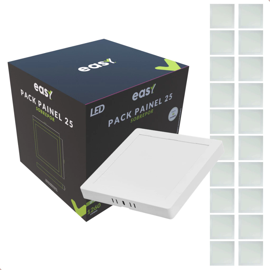 Kit 20 Painel Led Sobrepor 25w 6500K Quadrado Bivolt - Easy