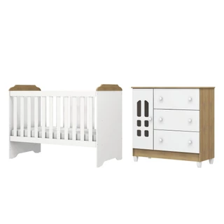 Dormitório Infantil Carolina Baby Berço Americano Mini Cama 3 em 1 e Cômoda Para Quarto Bebê Helena Branco / Madeirado