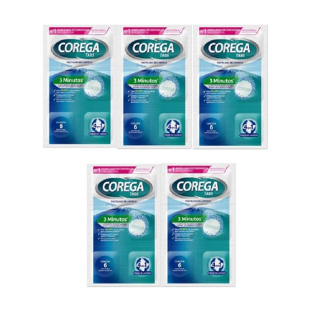 Kit Corega Tabs Limpeza 3 Minutos C/5Un De 6 Pastilhas Cada | Shopee Brasil