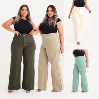 Calça Wide Leg Feminina Plus Size Sarja Cores Cintura Alta Tamanhos 48 ao 54
