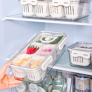 Organizador de Geladeira C/ 6 Cestos Tampa Hermética Escorredor e Marcador de Data Transparente P/ Alimentos Temperos
