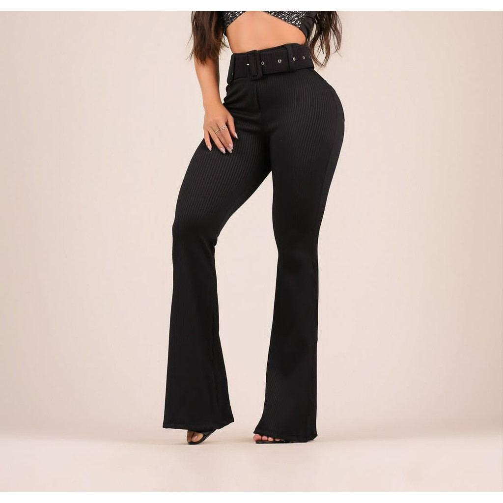 Calça Feminina CalÃ§a Flare Cintura Alta Com Cinto Calça Legging