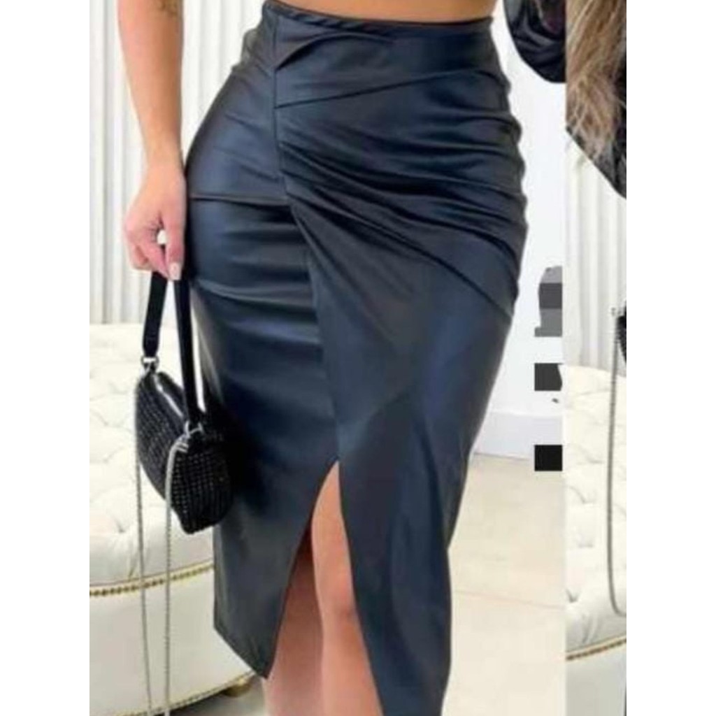 Saia Midi Elegante Com Fenda Couro Saia Lápis Social Drapeada | Shopee ...