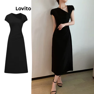 Lovito Vestido básico elegante liso assimétrico para mulheres L100MD086