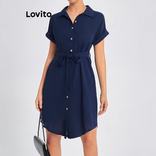 Lovito Vestido casual feminino com botão frontal liso e cinto LBL16428