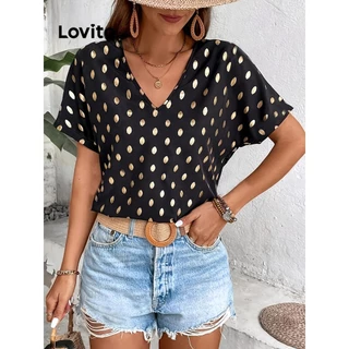 Lovito Blusa casual de bolinhas com pompom para mulheres LNL79322
