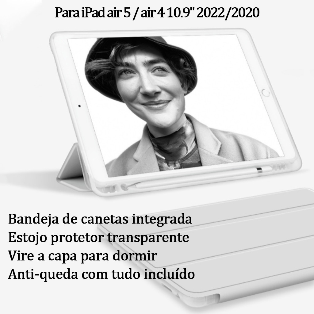 capa para tablet Para iPad air 5 / air 4 10.9" 2022/2020 Com bandeja de canetas suporte couro