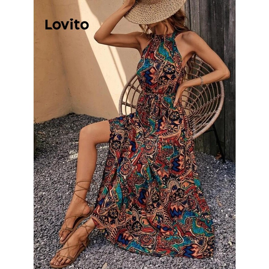 Lovito Vestido Boho Tribal com cinto para mulheres LNL68284