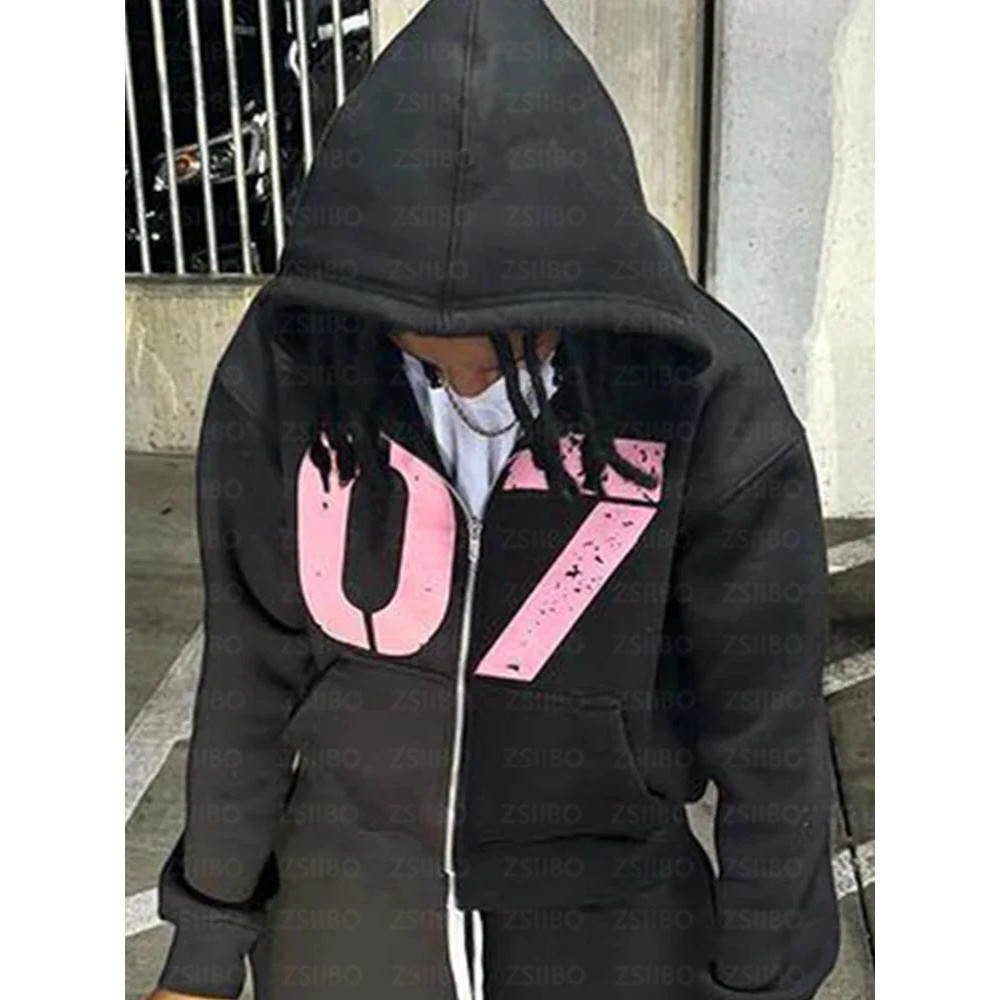 Numeral 7 Impresso Com Zíper Hoodie Y2K Roupas Masculinas Rua Moda