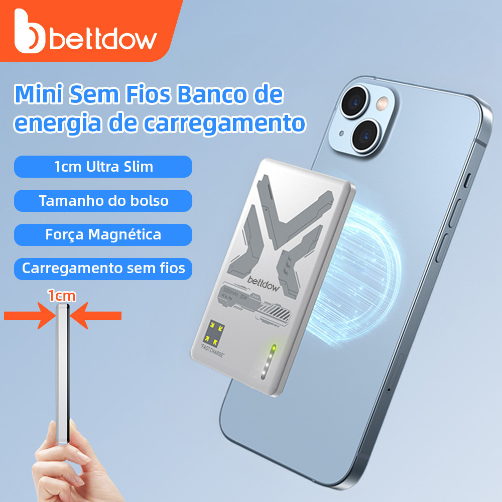 BETTDOW Banco de potência ultrafino sem fio, carregamento rápido, 5000 mah, força magnética forte, eficiente, 2 modos de carregamento