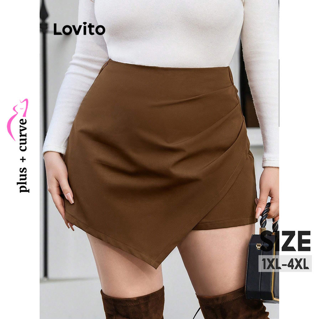 Lovito Plus Size Curze Casual Simples Assimétrico Ruched Split Front Shorts para mulheres LBL12395