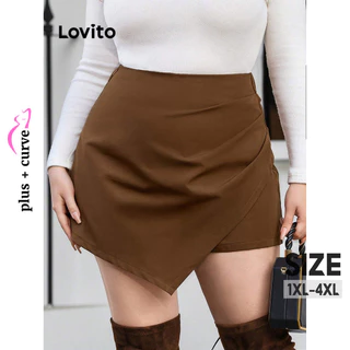 Lovito Plus Size Curze Casual Simples Assimétrico Ruched Split Front Shorts para mulheres LBL12395