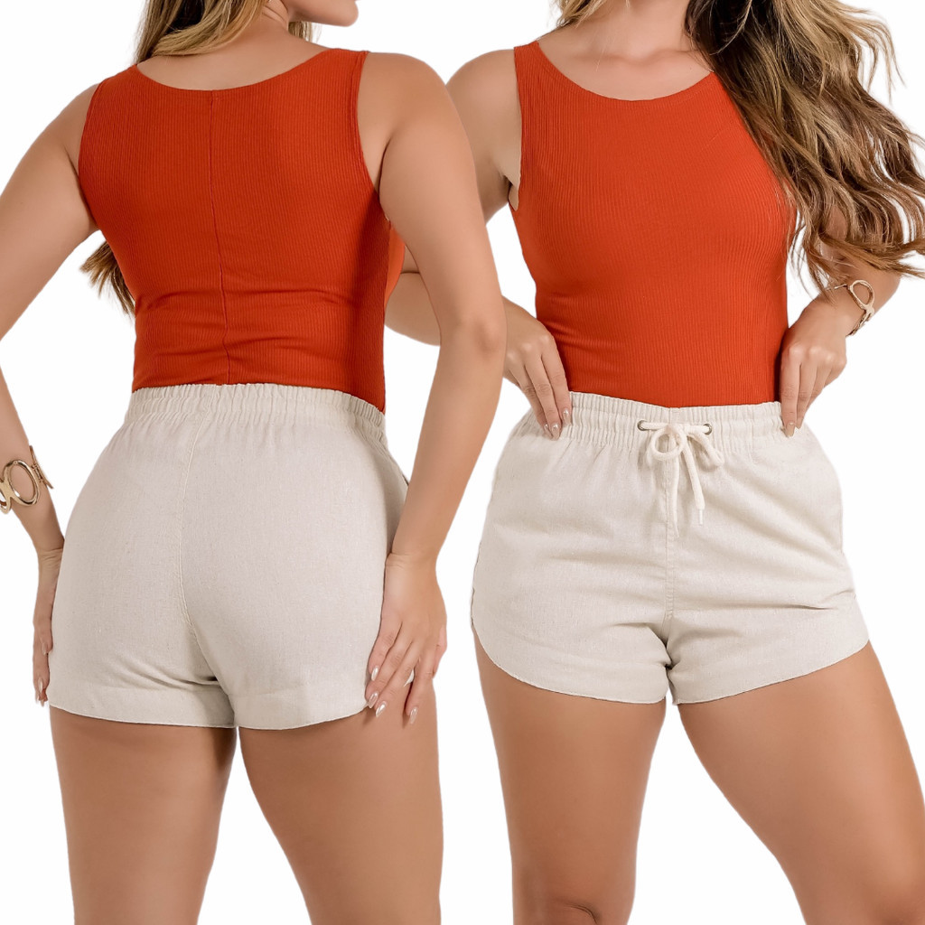 Short Linho Feminino Curtinho Modelo Canoa Cintura Alta Moda Praia Verão