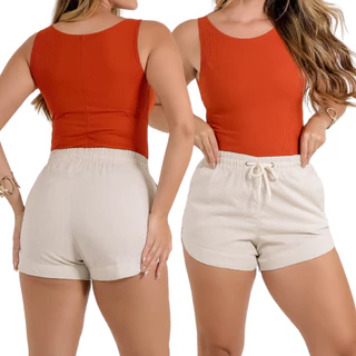 Short Linho Feminino Curtinho Modelo Canoa Cintura Alta Moda Praia Verão