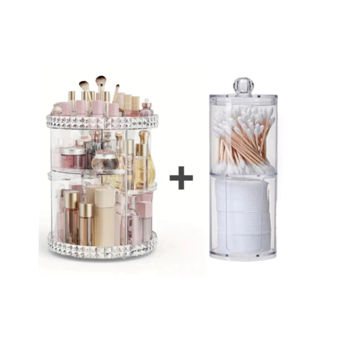 Kit De Organizador De Cosmético Maquiagem Acrílico Giratório 360º + Organizador Acrílico Porta Algodão E Cotonete 2 Em 1