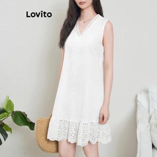 Lovito Vestido Boho de renda lisa com babados e costura em tecido para mulheres L100MD320
