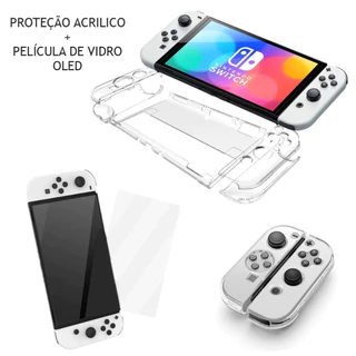 Kit Capa Acrílico + Película Vidro Para Nintendo Switch Oled grip