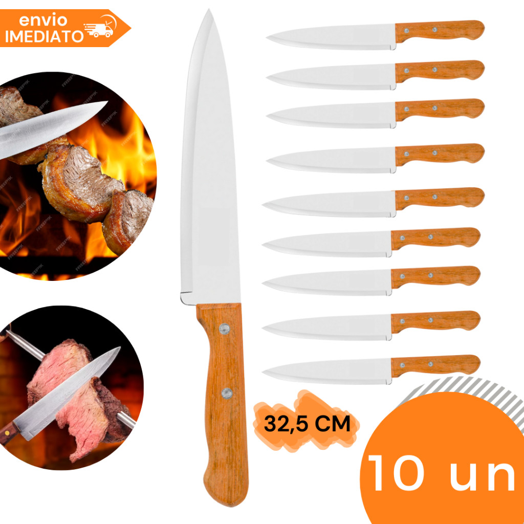 Kit 10 Faca De Cozinha Inox Profissional 7 Do Chef Cabo Madeira 30,1CM ...