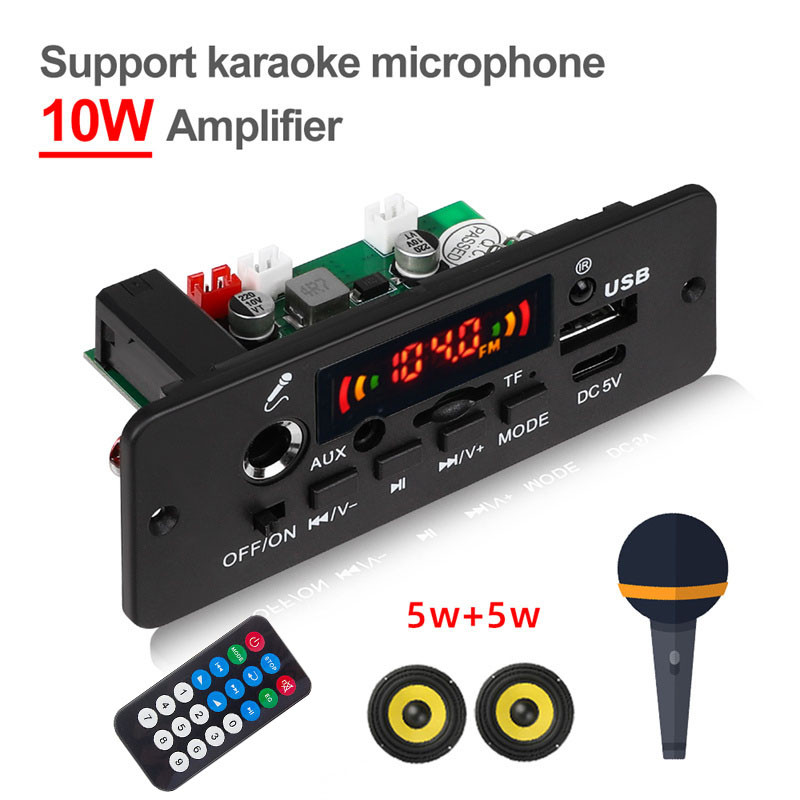 10W Amplificador Bluetooth DIY MP3 Decodificador Placa 5W DC 5V Leitor De Música Carro Módulo Rádio FM TF Gravação USB Microfone Chamada Handsfree