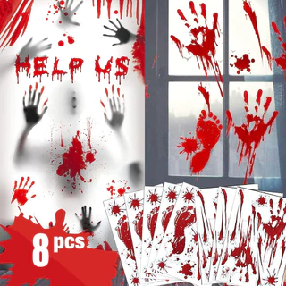 2/4/8 Peças Decorações De Festa De Halloween Zumbi Decoração Pegadas De Mão Sangrenta Decalques De Parede De Janela Fontes Vampiro Para Crianças Adesivo De Chão