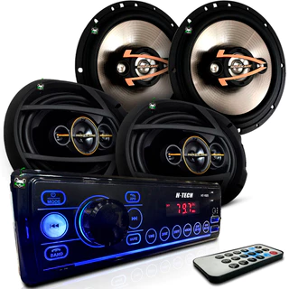 Kit Rádio Mp3 Som Automotivo + Par Alto Falante Quadriaxial 6 Pol 160w e 6x9 Pol 260w