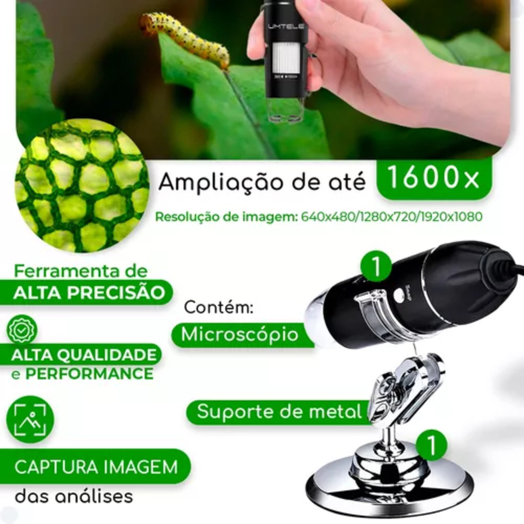 Microscópio Digital Usb Zoom Câmera Lente 1600x Celular Note