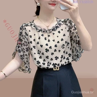 GUOJH Blusa trançada elegante das mulheres listradas (branco) 7768