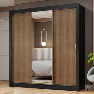 Guarda-Roupa Casal 3 Portas de Correr com Espelho Preto/Rustic Nobre Madesa em Oferta na Shopee