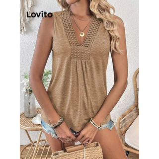Lovito Regata feminina casual com babados e gola em tecido com costura LBL15291