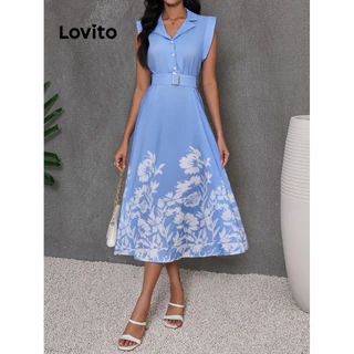 Lovito Vestido elegante floral com gola entalhada para mulheres LBL16053