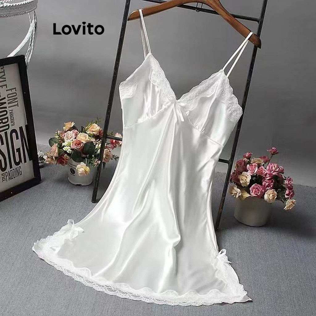 Lovito Vestido casual de renda lisa para dormir para mulheres LNL73105