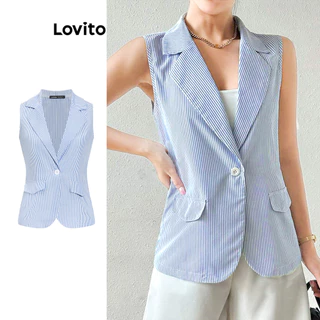Lovito Blazer básico casual listrado com bolso falso e botão para mulheres L100MD416