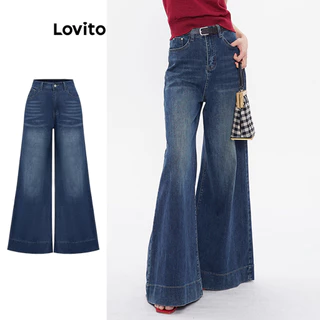 Lovito Jeans casual liso lavado estrutura linha para mulheres L102AD453