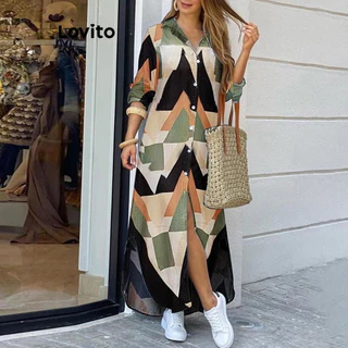 Lovito Vestido casual com estampa geométrica para mulheres LNL67134
