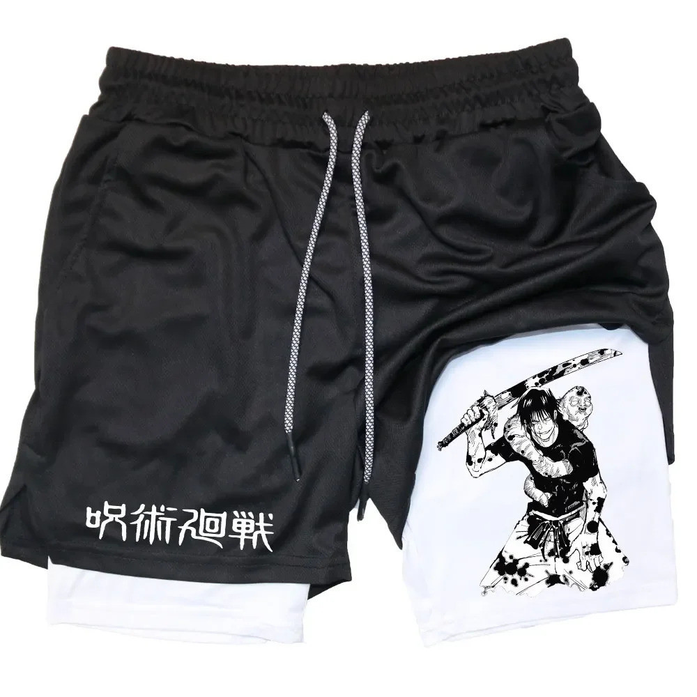 Anime Performance Toji Masculino Impresso GYM Shorts Esportivos Casuais Malha Running Training 2 Em 1