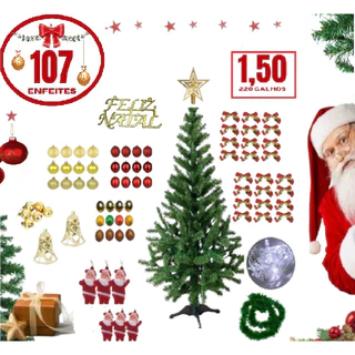 Arvore Natal Decorada 1,50mt C/ 220 galhos Completa Luxo + 107 Enfeites + Pisca LED - OFERTA!